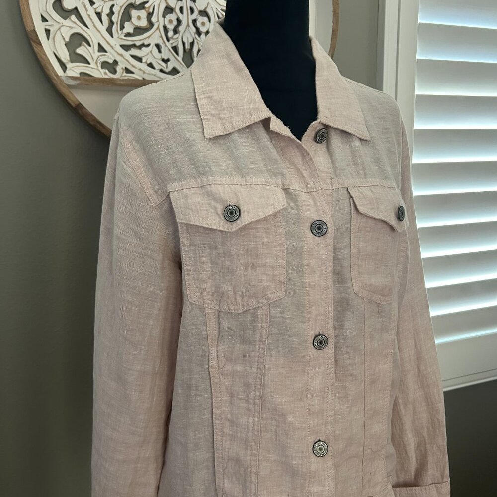 Jone New York JNY Jacket 100% Linen Pink Cropped Trucker SZL Lightweight Boho - Picture 6 of 9